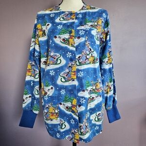Disney Vintage Winnie The Pooh Christmas Button Up Long Sleeve Scrubs Top